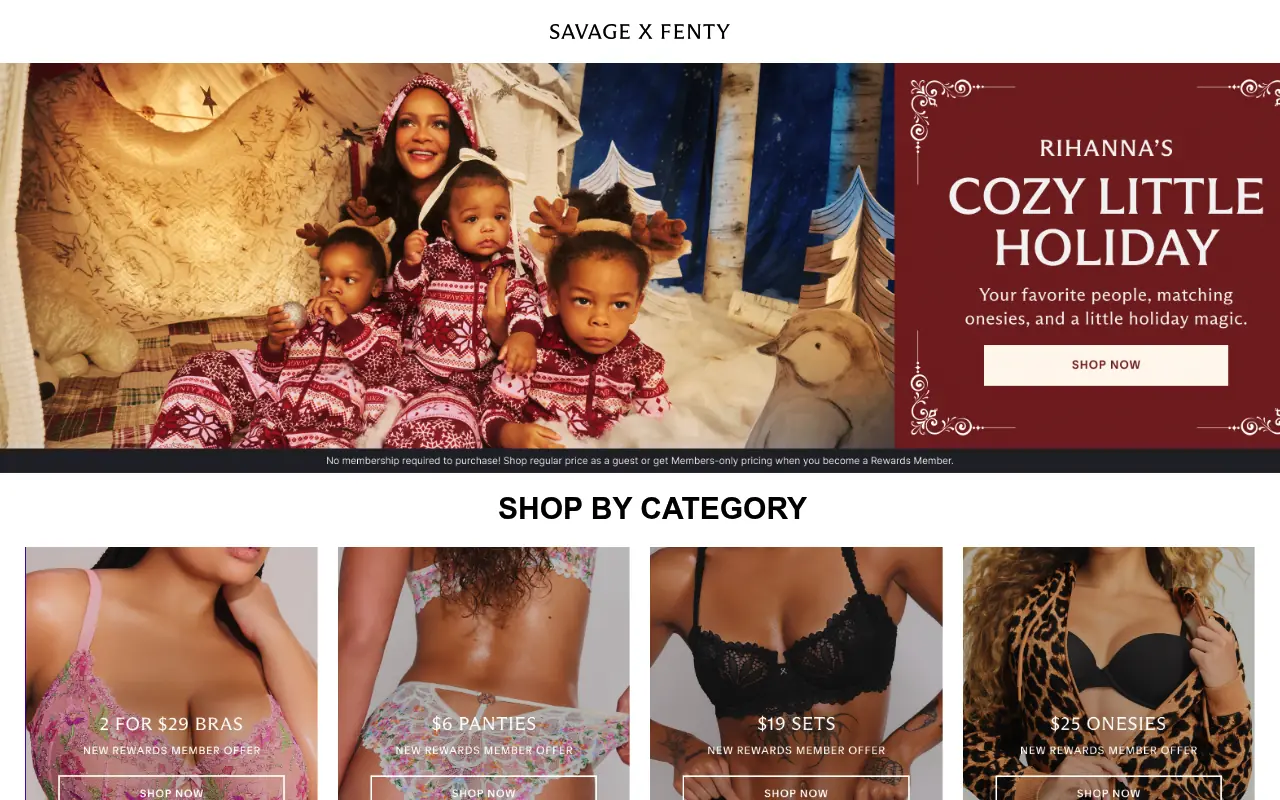 Savage X Fenty homepage, a lingerie brand with category tiles for bras, panties, sets and onesies