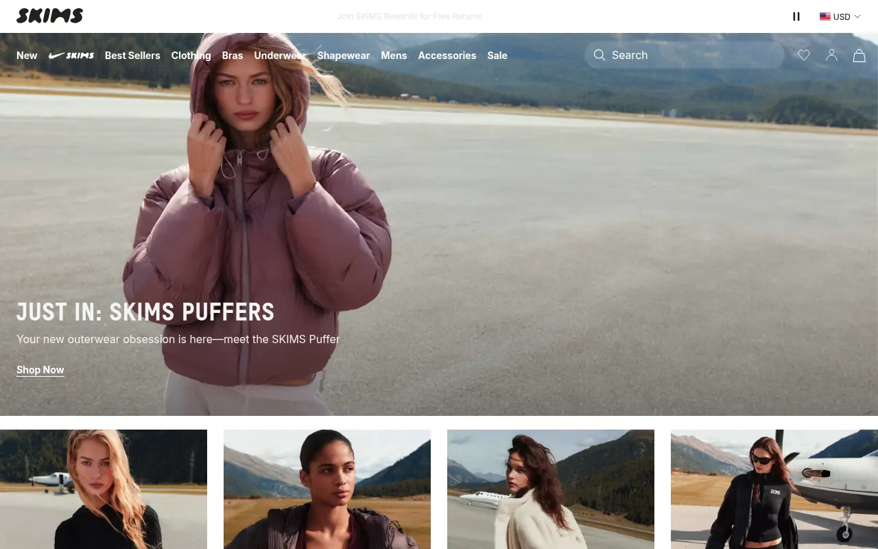 SKIMS homepage, a shapewear and basics brand with a navigation by bras, underwear and shapewear