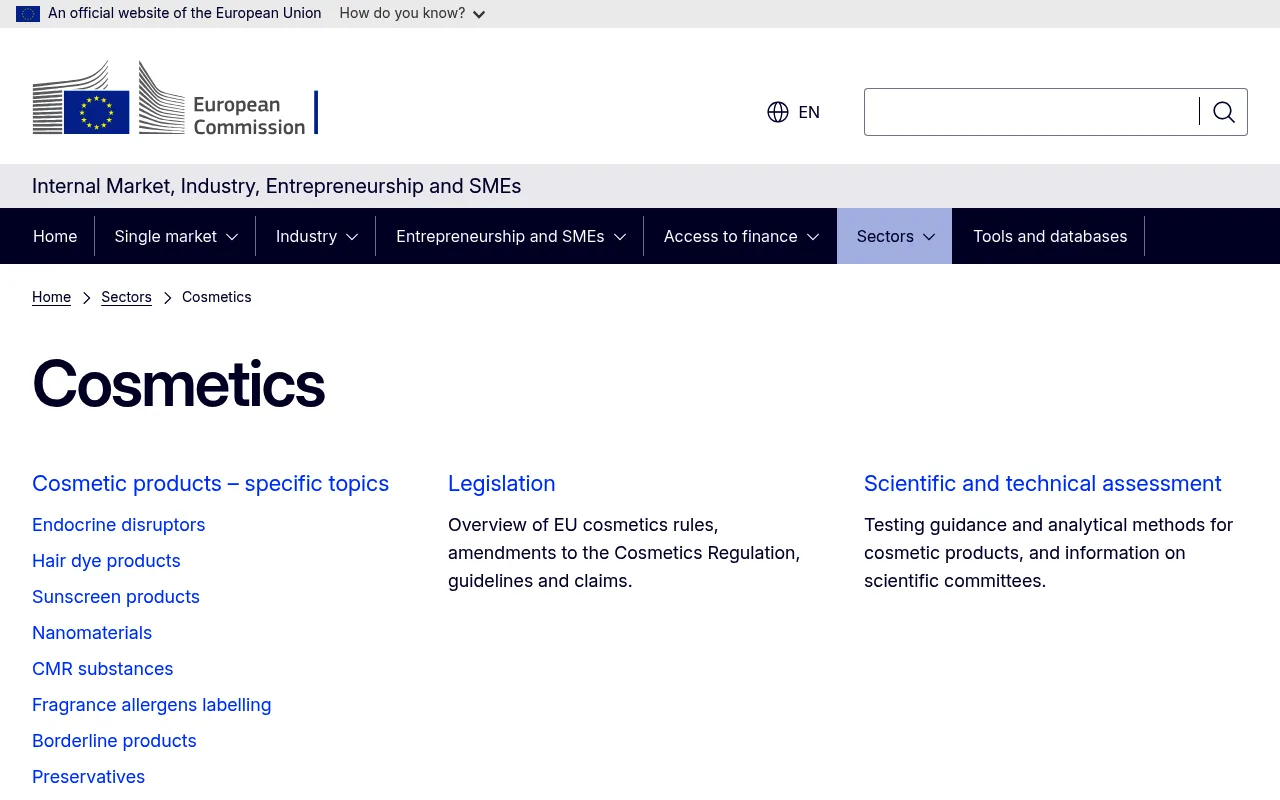 European Commission cosmetics page with a link to sunscreen products