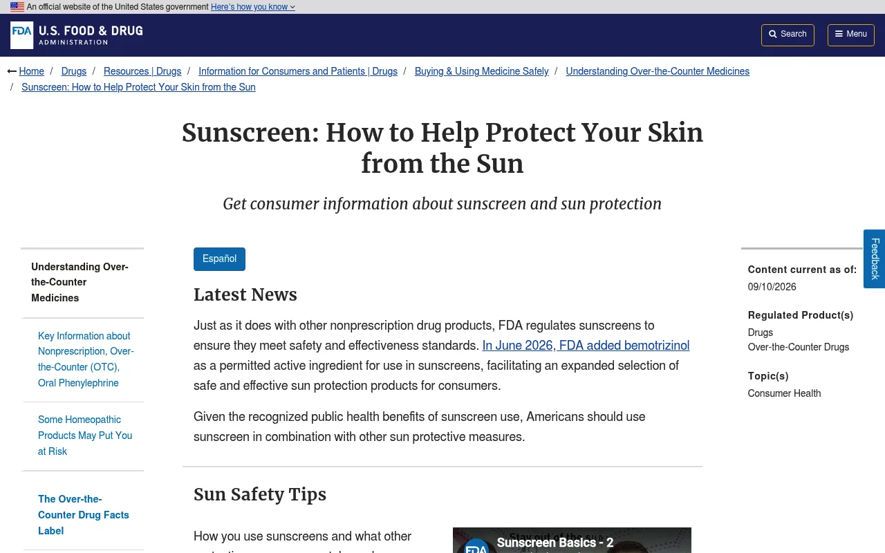FDA guidance page on sunscreen, SPF, broad spectrum and water resistance labeling
