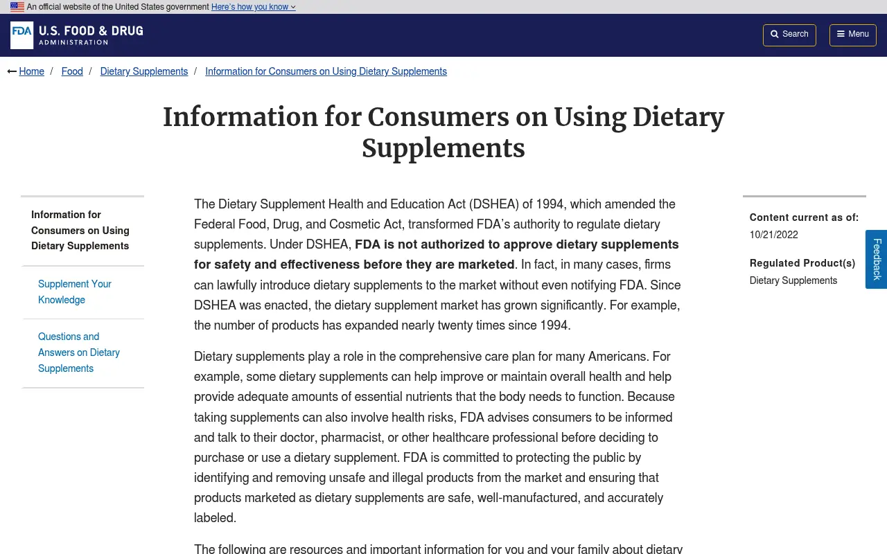 FDA consumer page explaining that the agency does not approve dietary supplements before they are marketed