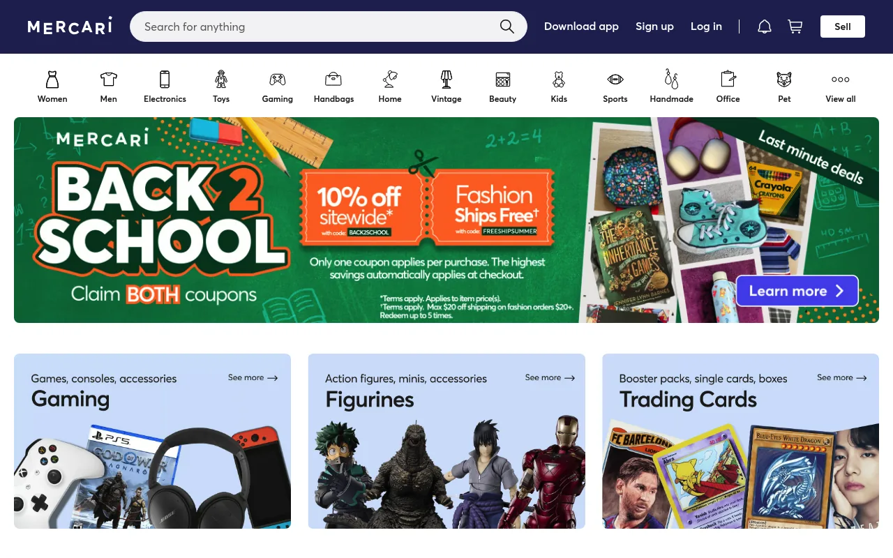 The Mercari homepage, a general resale marketplace with a simple listing flow