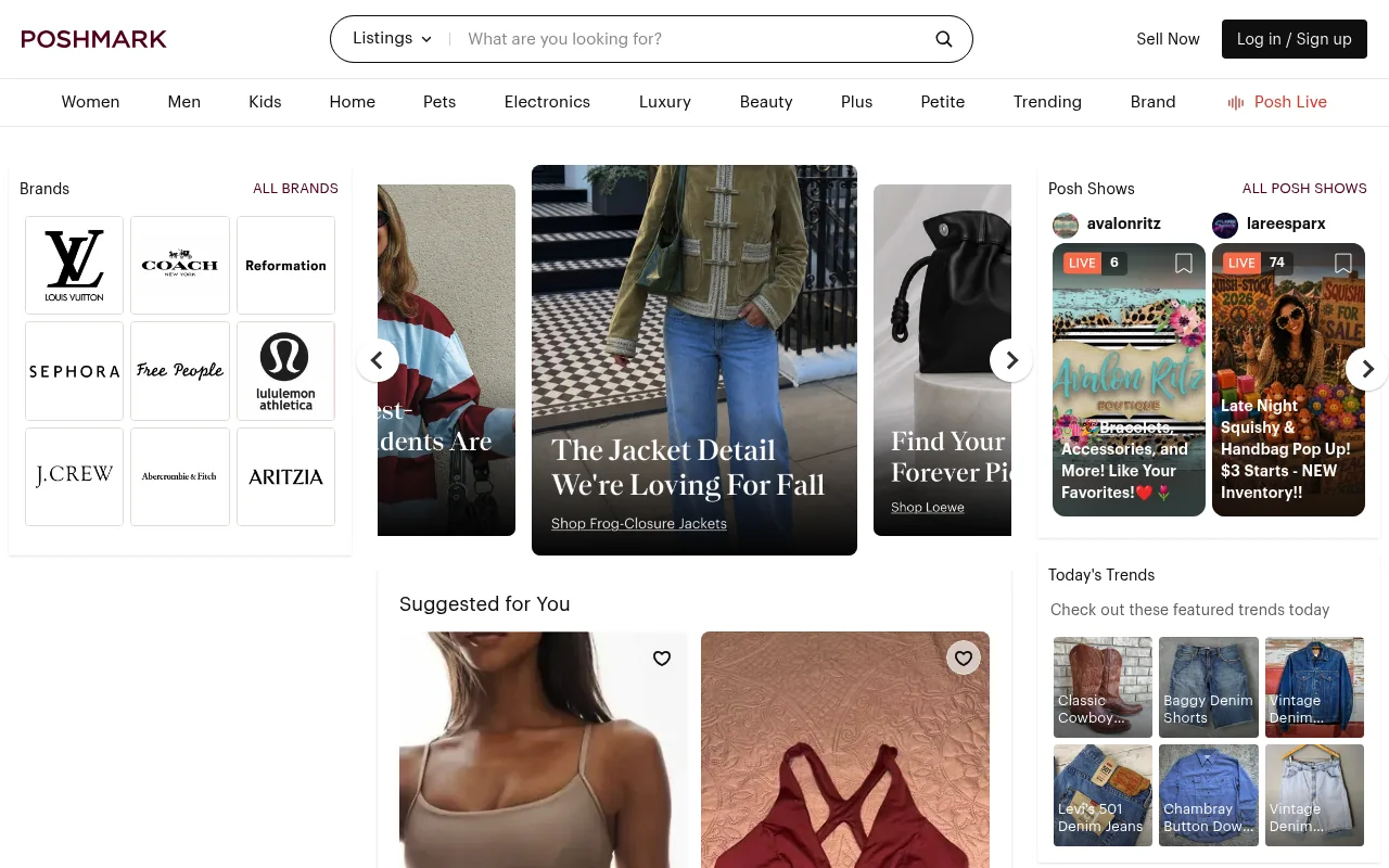 The Poshmark homepage, a marketplace focused on women's fashion and designer resale