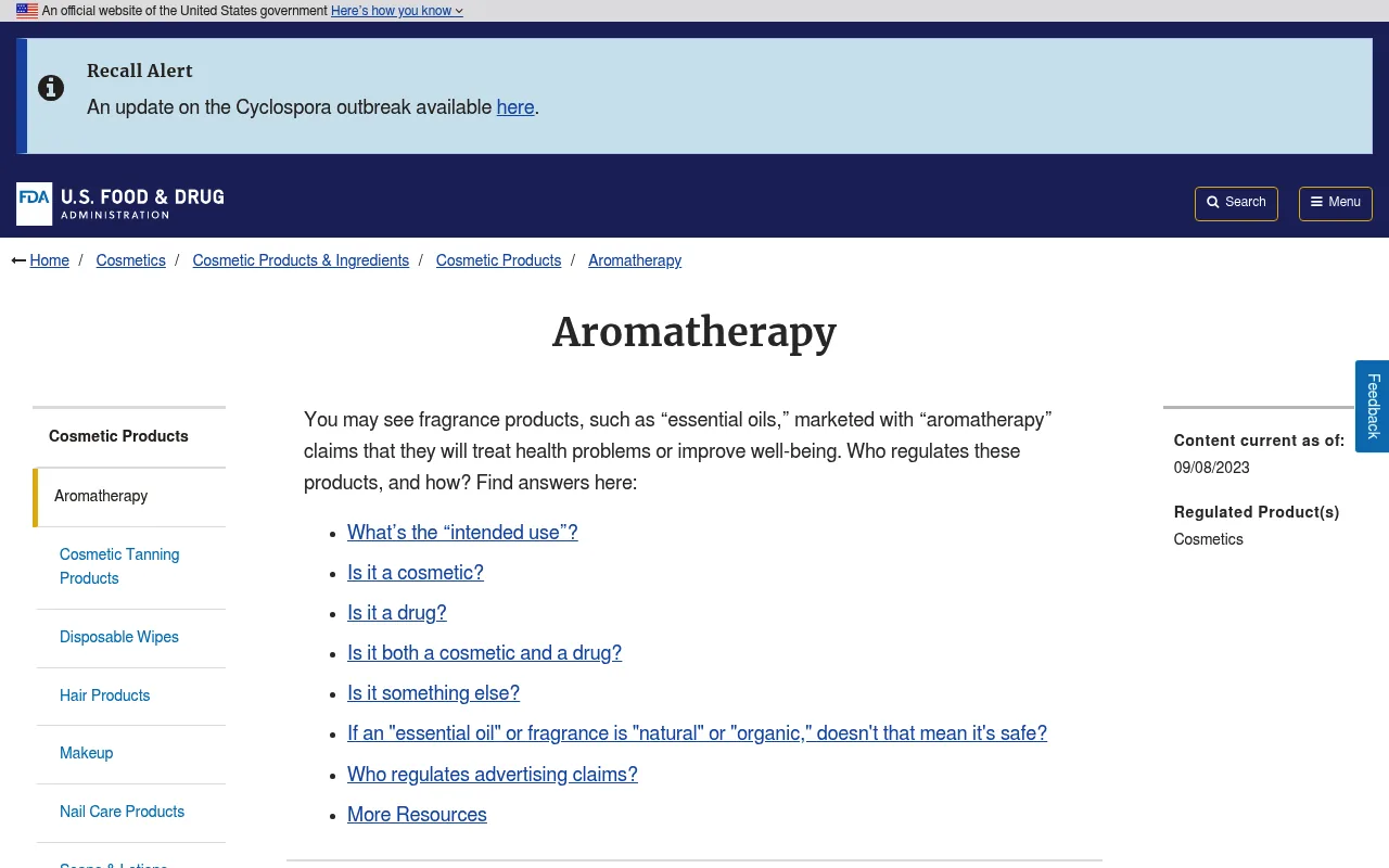 FDA's official guidance page on aromatherapy and essential oil products, distinguishing cosmetic claims from drug claims
