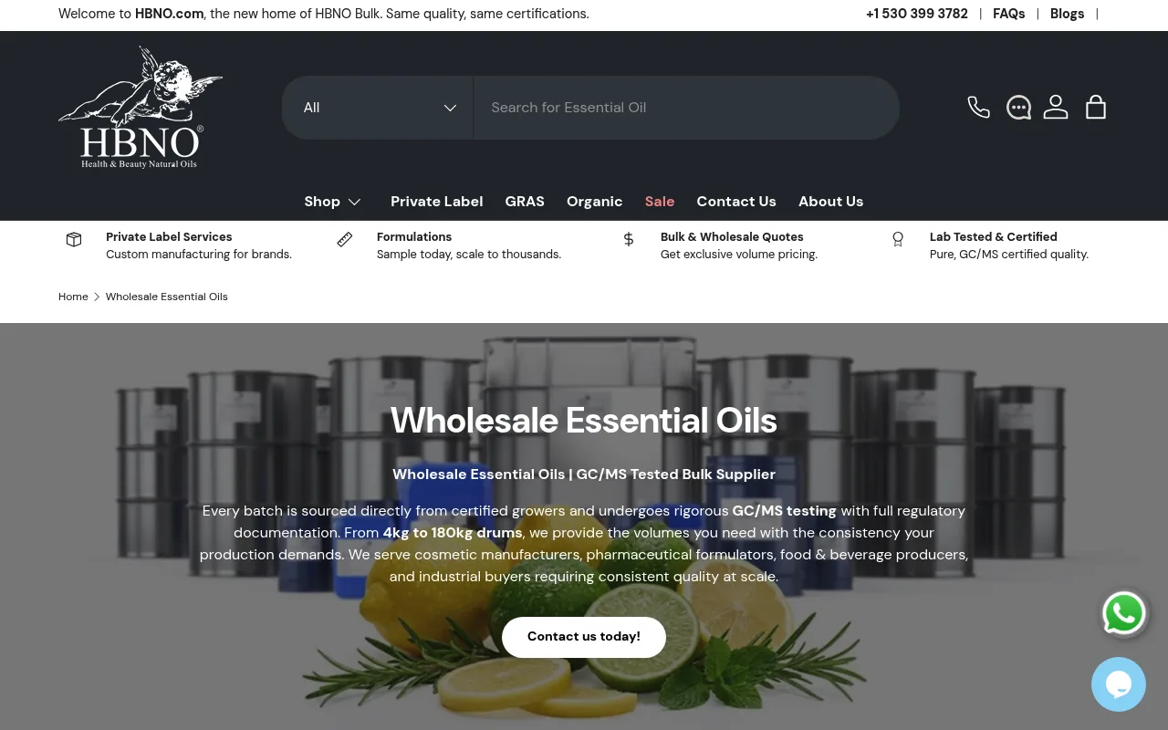 HBNO's wholesale essential oils catalog, showing bulk pure oils with batch-specific GC/MS testing