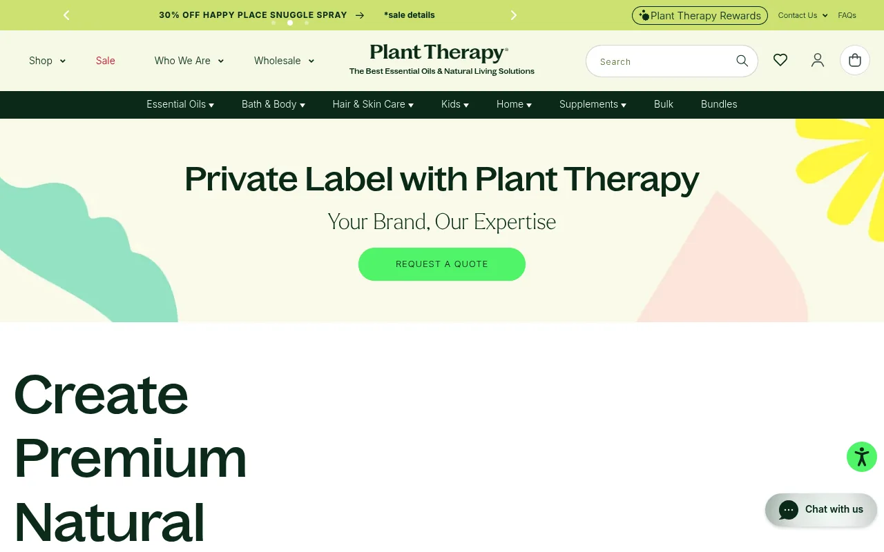 Plant Therapy's private label page for essential oil brands, showing low minimum order quantities for beginners