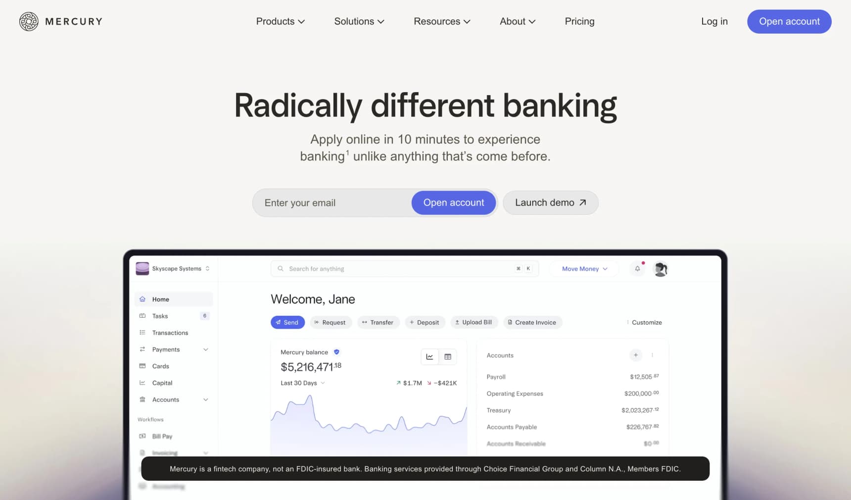 The Mercury homepage, one of the online business banking options that's free to open for a new LLC