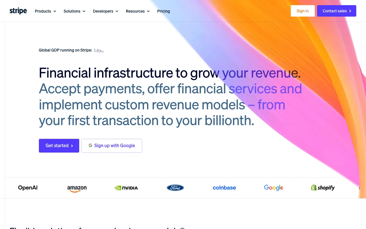The Stripe homepage, the payment processor most online stores use behind the scenes