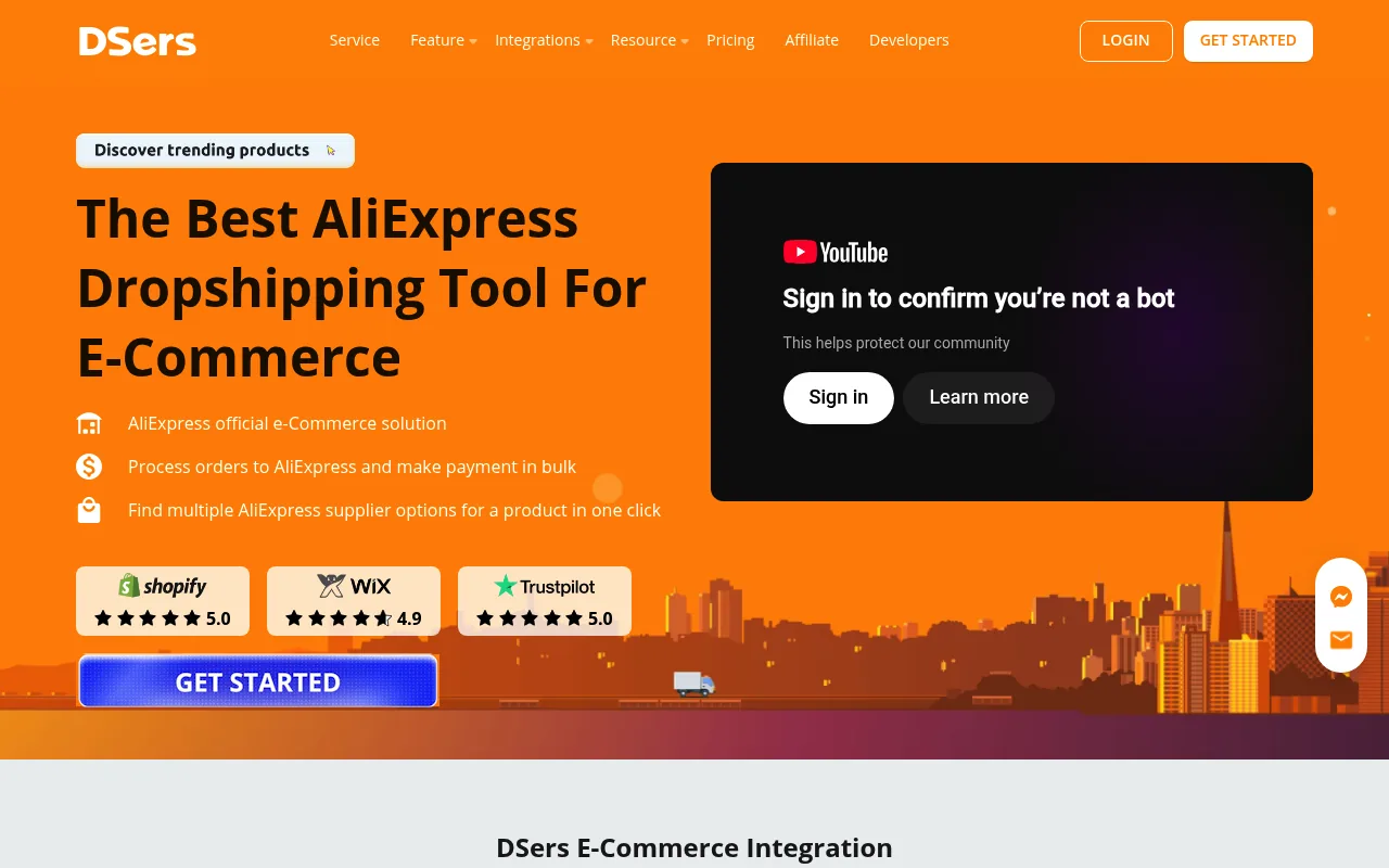 DSers homepage showing AliExpress order automation for dropshipping stores