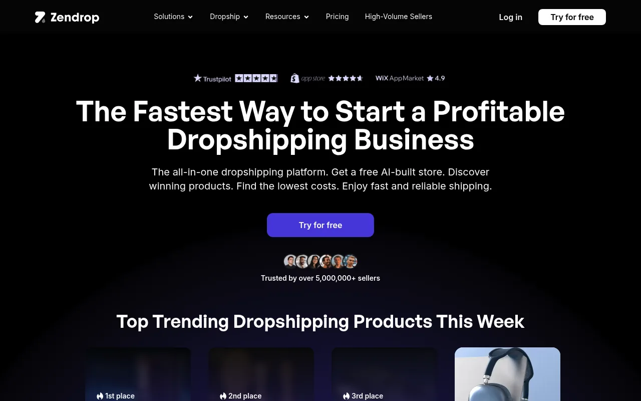 Zendrop homepage advertising fast dropshipping fulfillment and US warehousing
