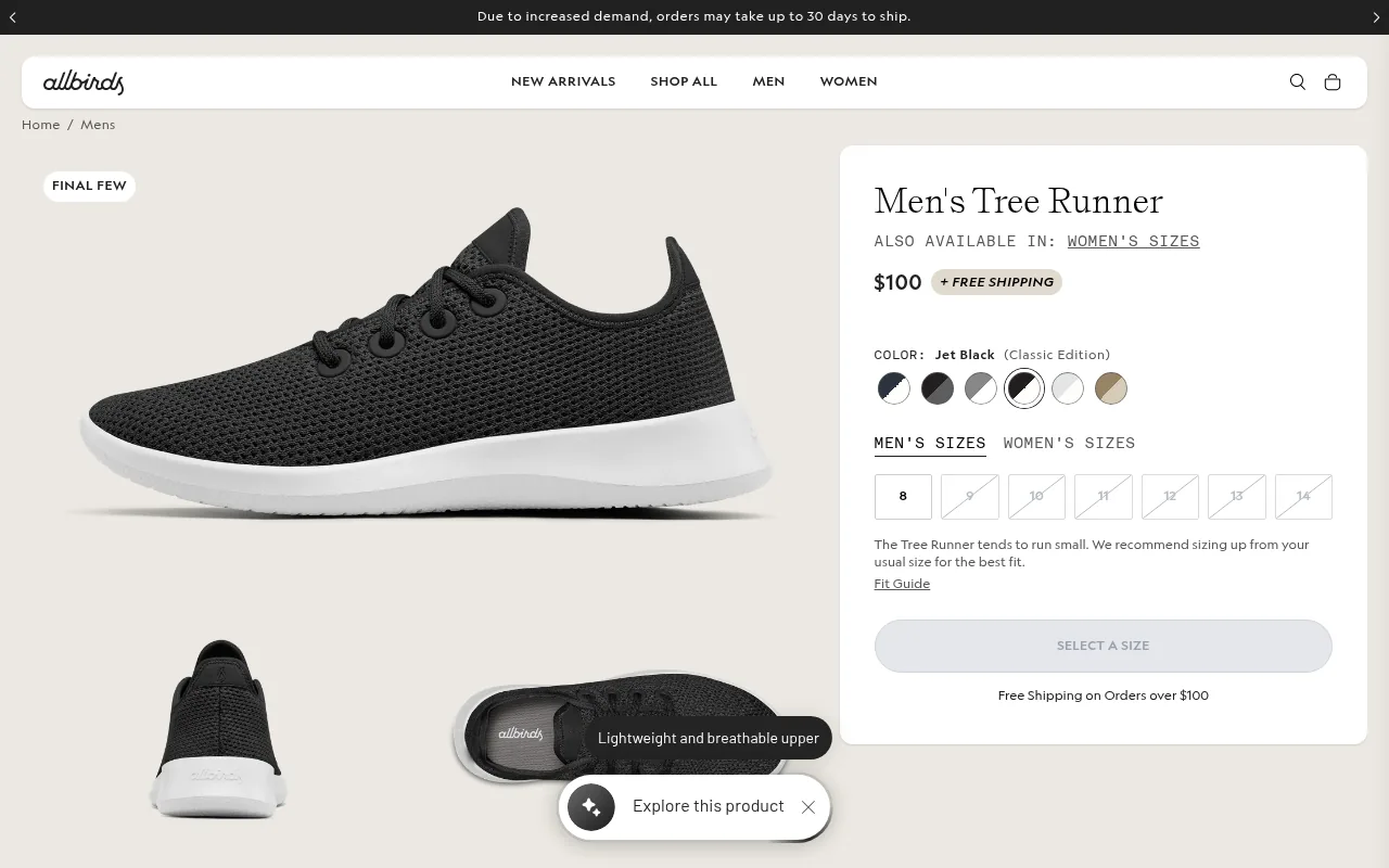 The Allbirds Men's Tree Runner product page with a sizing note next to the size selector