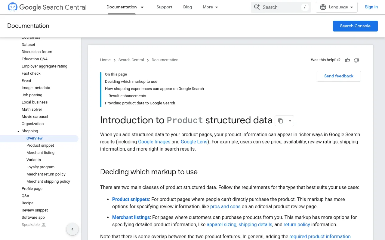 Google Search Central documentation for Product structured data
