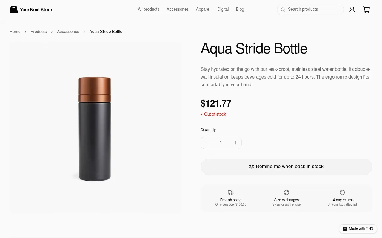 A product page on a Your Next Store demo storefront with a short description, price and delivery notes
