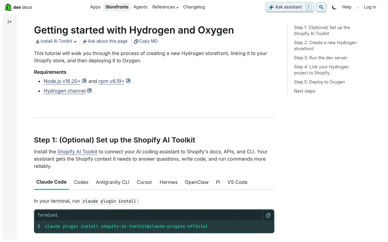 Shopify developer docs page: Getting started with Hydrogen and Oxygen, linking a Hydrogen storefront to a Shopify store