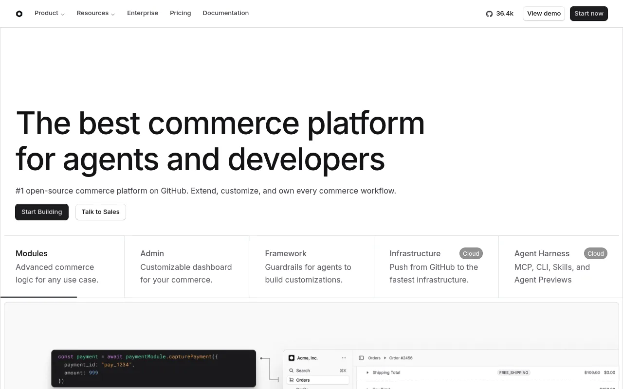 Medusa's homepage, positioned as a commerce platform for agents and developers, with GitHub stars in the header