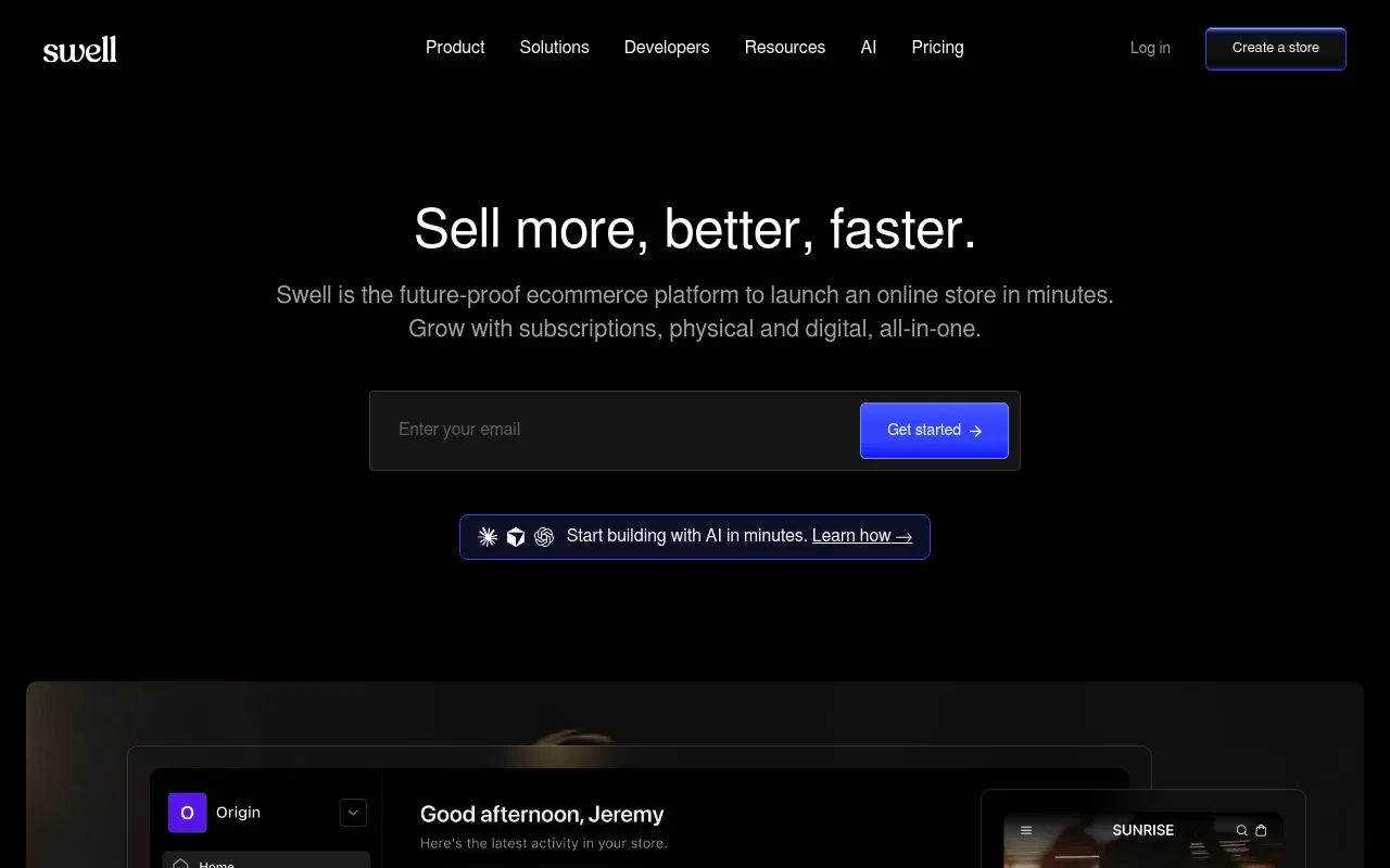 Swell homepage, showing its subscriptions and AI-store-building positioning