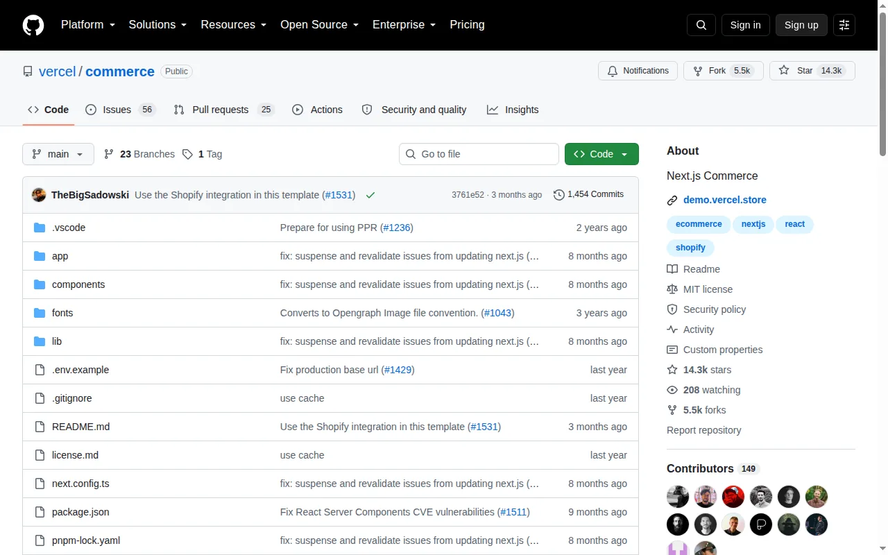 Next.js Commerce on GitHub: 14.3k stars, MIT license, last commit a few months old