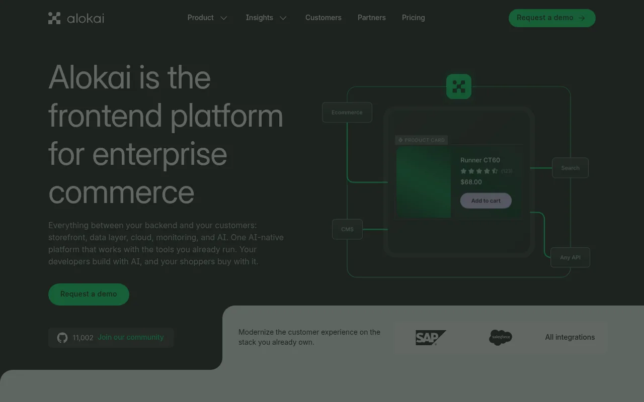 Alokai homepage, a frontend platform for enterprise commerce supporting Next.js and Nuxt