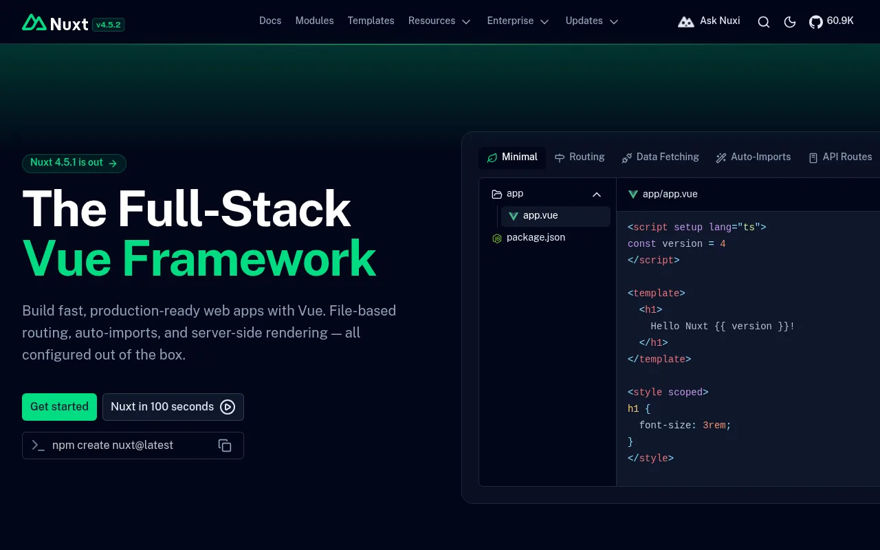 Nuxt homepage, The Full-Stack Vue Framework