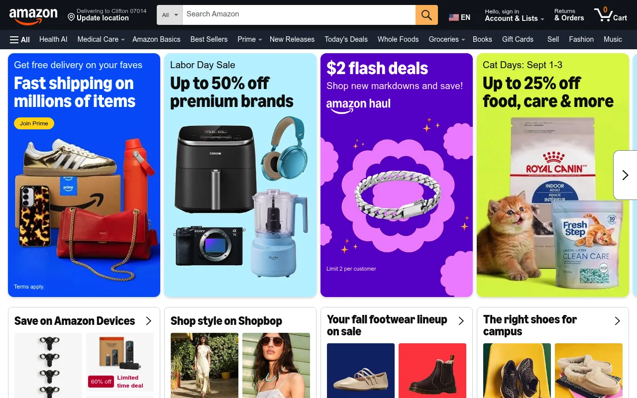 Amazon's homepage showing curated deal modules and category shortcuts driven by purchase and browsing signals