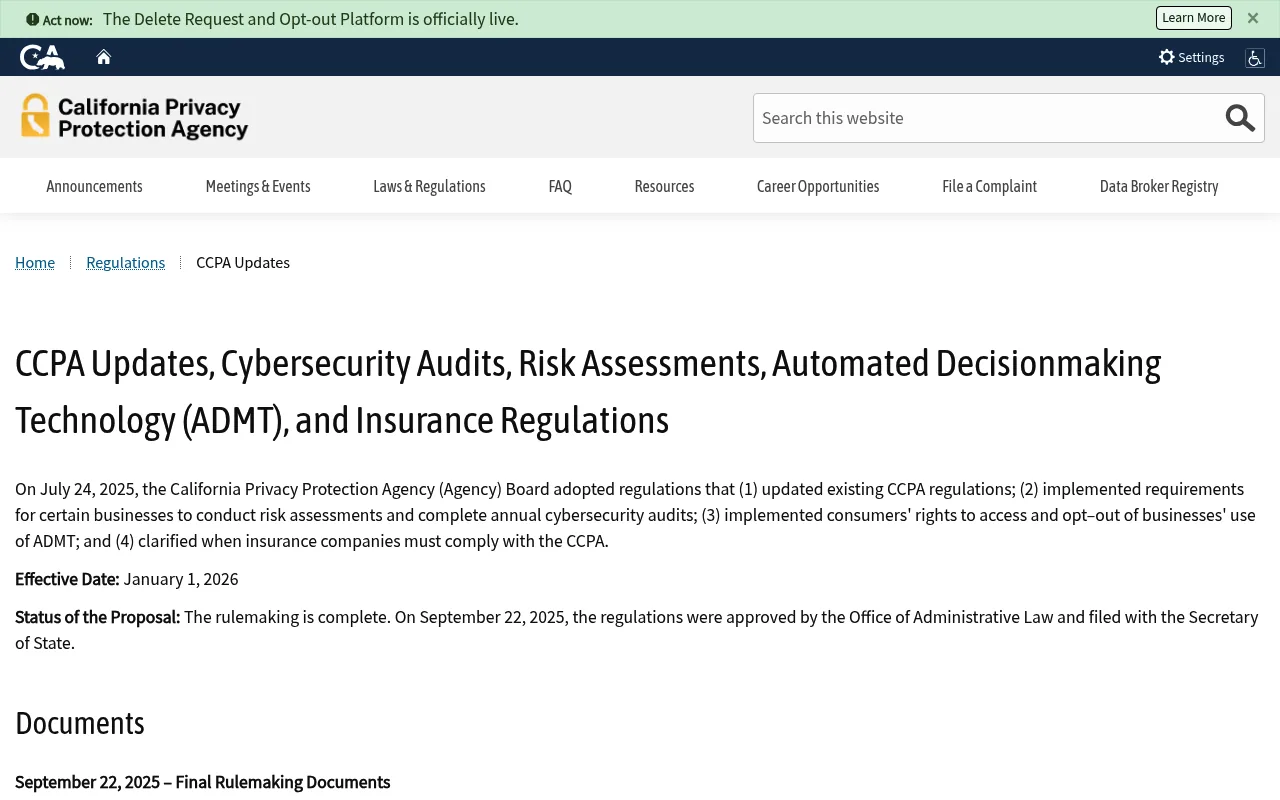 California Privacy Protection Agency's official page detailing the CCPA Automated Decisionmaking Technology regulations effective January 1, 2026