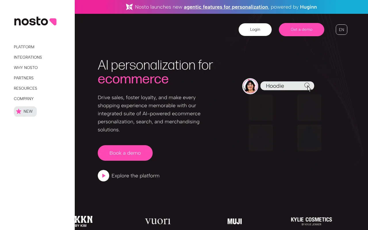Nosto's homepage describing its AI personalization, search, and merchandising platform for ecommerce