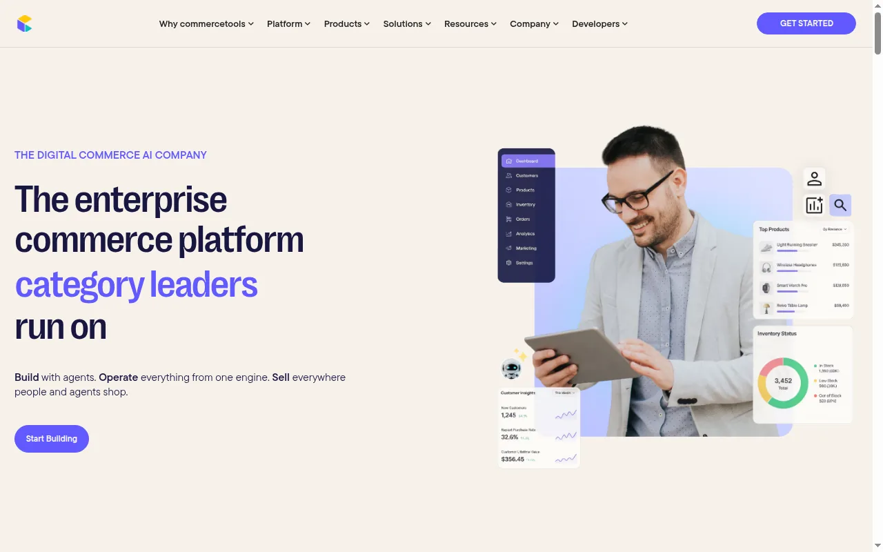 commercetools homepage, showing its enterprise commerce and AI-agent positioning