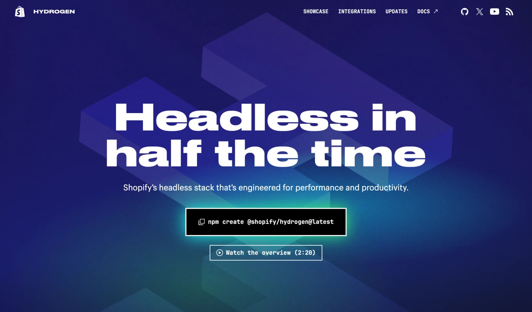 Shopify Hydrogen homepage, showing its headless commerce framework positioning