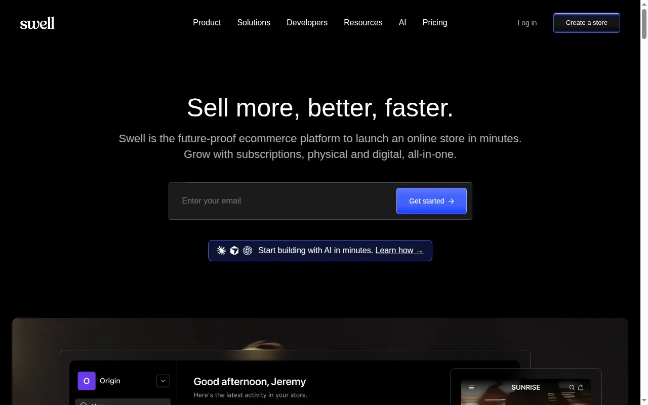 Swell homepage, showing its subscriptions and AI-store-building positioning