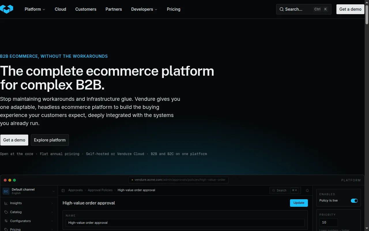 Vendure homepage, showing its B2B-focused headless commerce positioning
