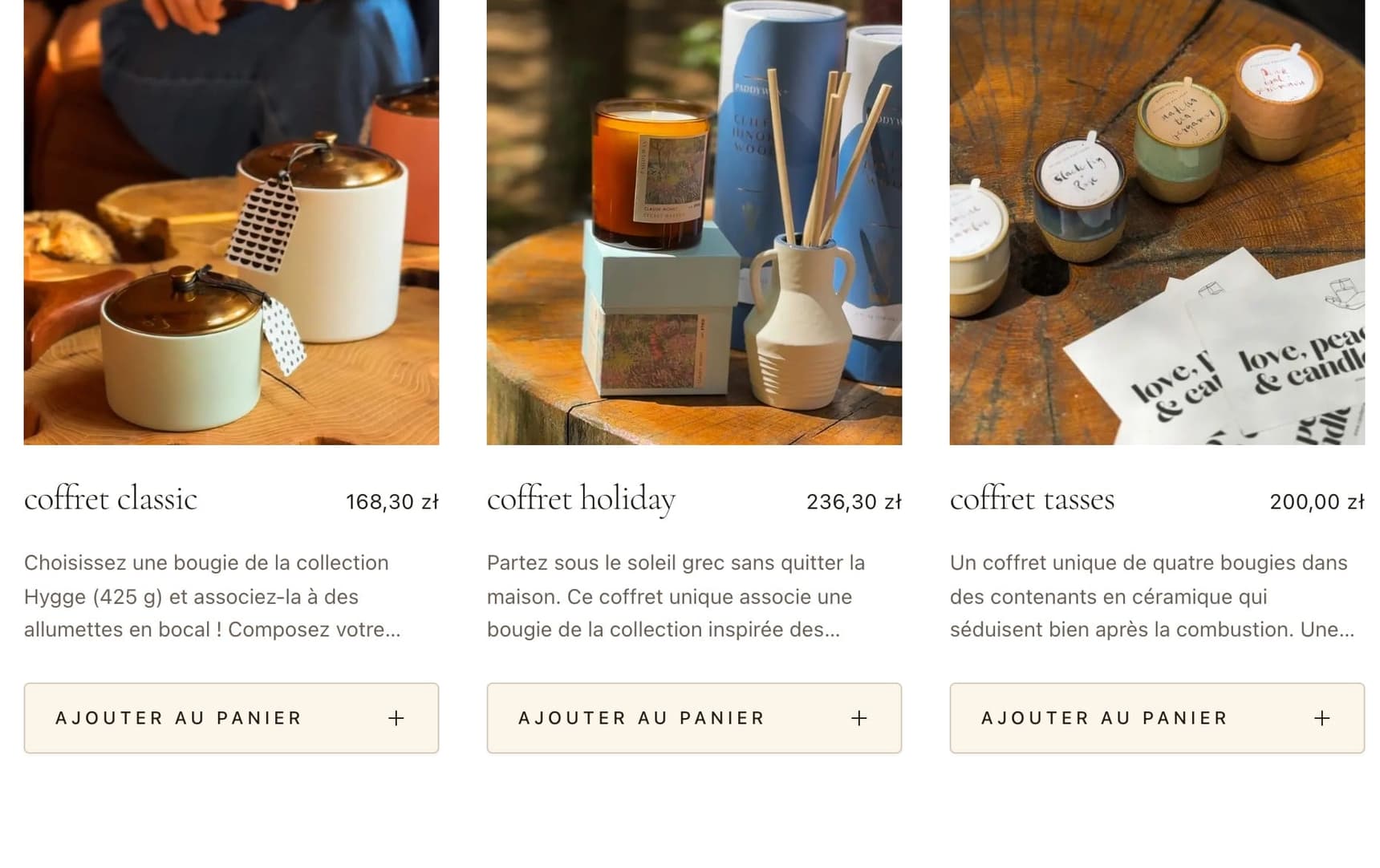 La page des coffrets cadeaux, avec trois coffrets