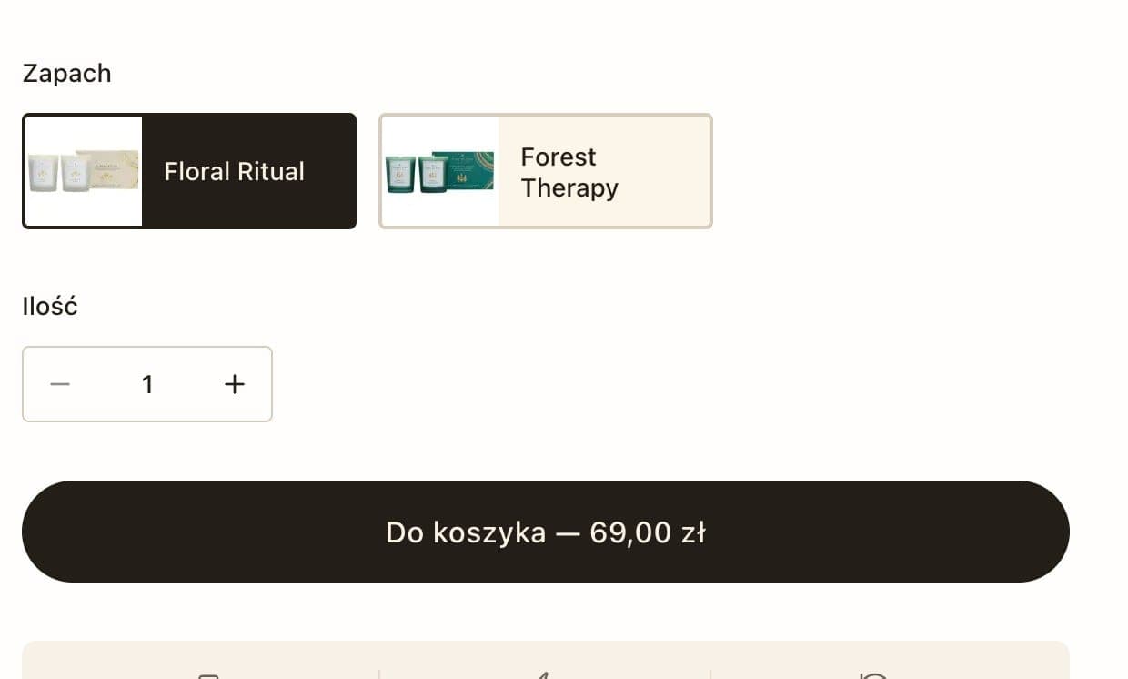 Warianty zapachu z miniaturami zdjęć nad przyciskiem dodania do koszyka