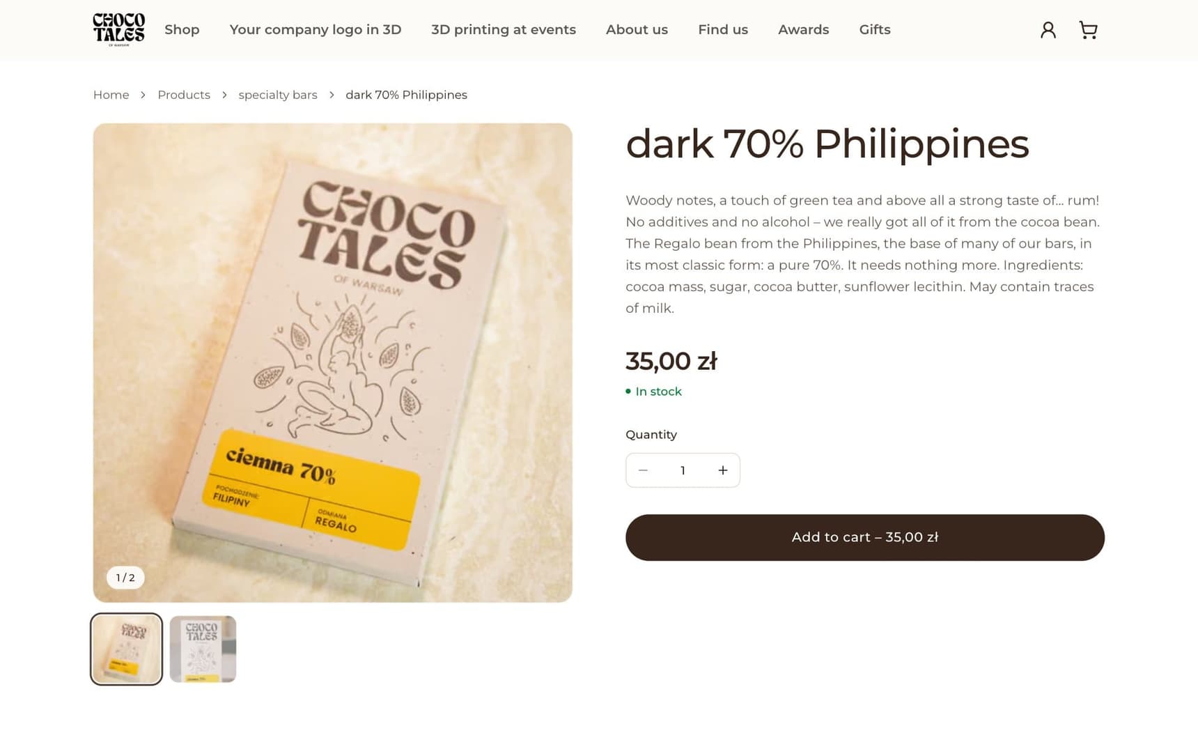 A chocoTales bar page on desktop