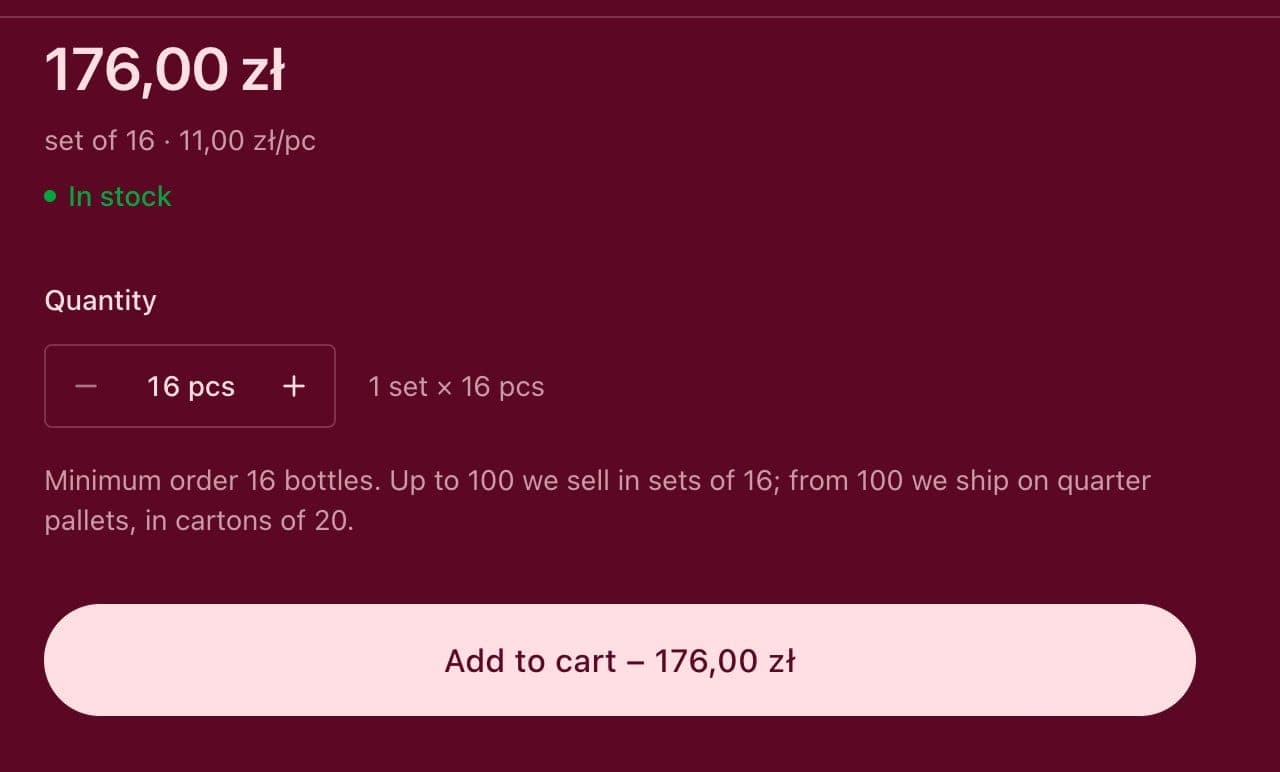 Price, a set of 16 and add to cart on a product page