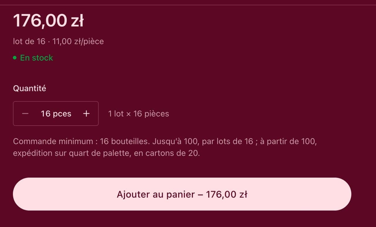 Prix, lot de 16 et bouton panier sur une page produit