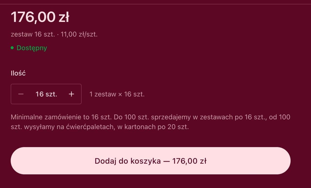 Cena, zestaw 16 sztuk i przycisk do koszyka na stronie produktu