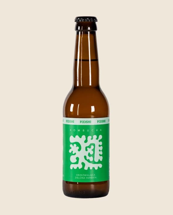 A bottle of Fooshi green tea kombucha