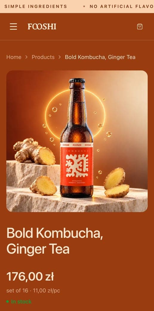 The ginger kombucha page on mobile