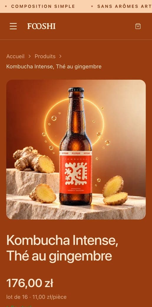 La page du kombucha au gingembre sur mobile
