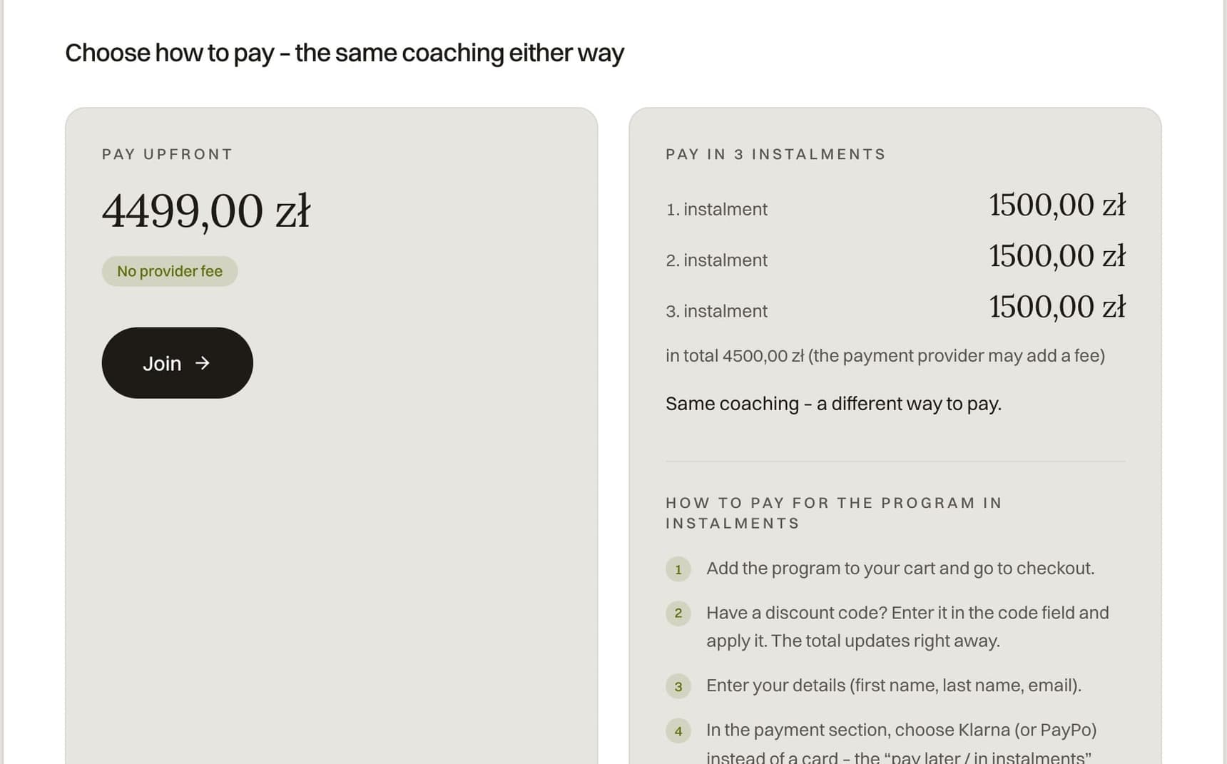 Two ways to pay for the program: in full or in 3 installments
