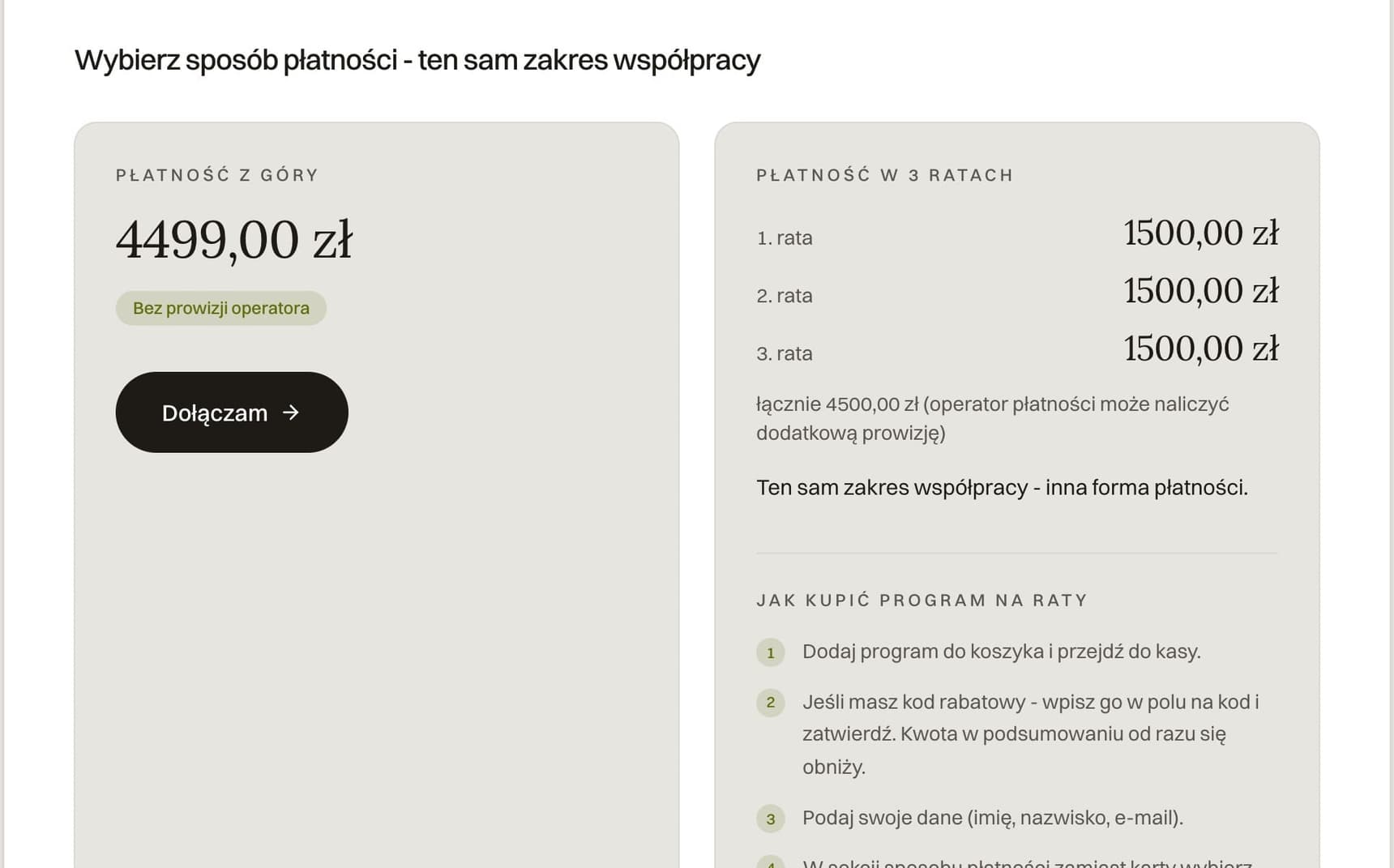 Dwa sposoby płatności za program: jednorazowo lub w 3 ratach