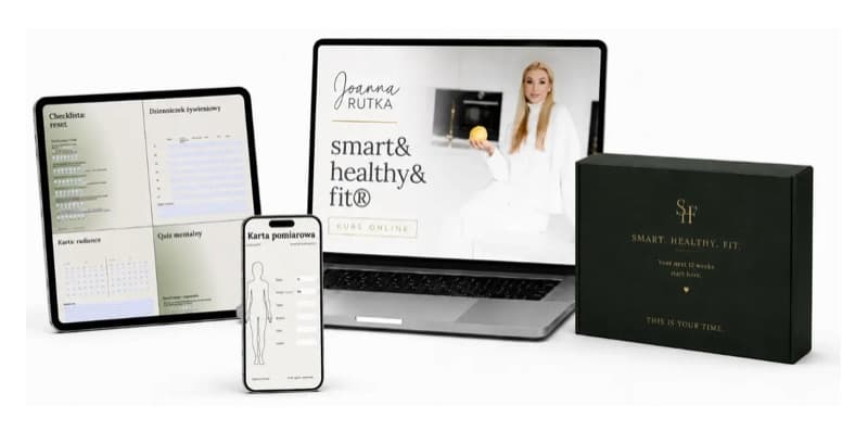 The program’s online materials on a laptop, tablet and phone, and a welcome box