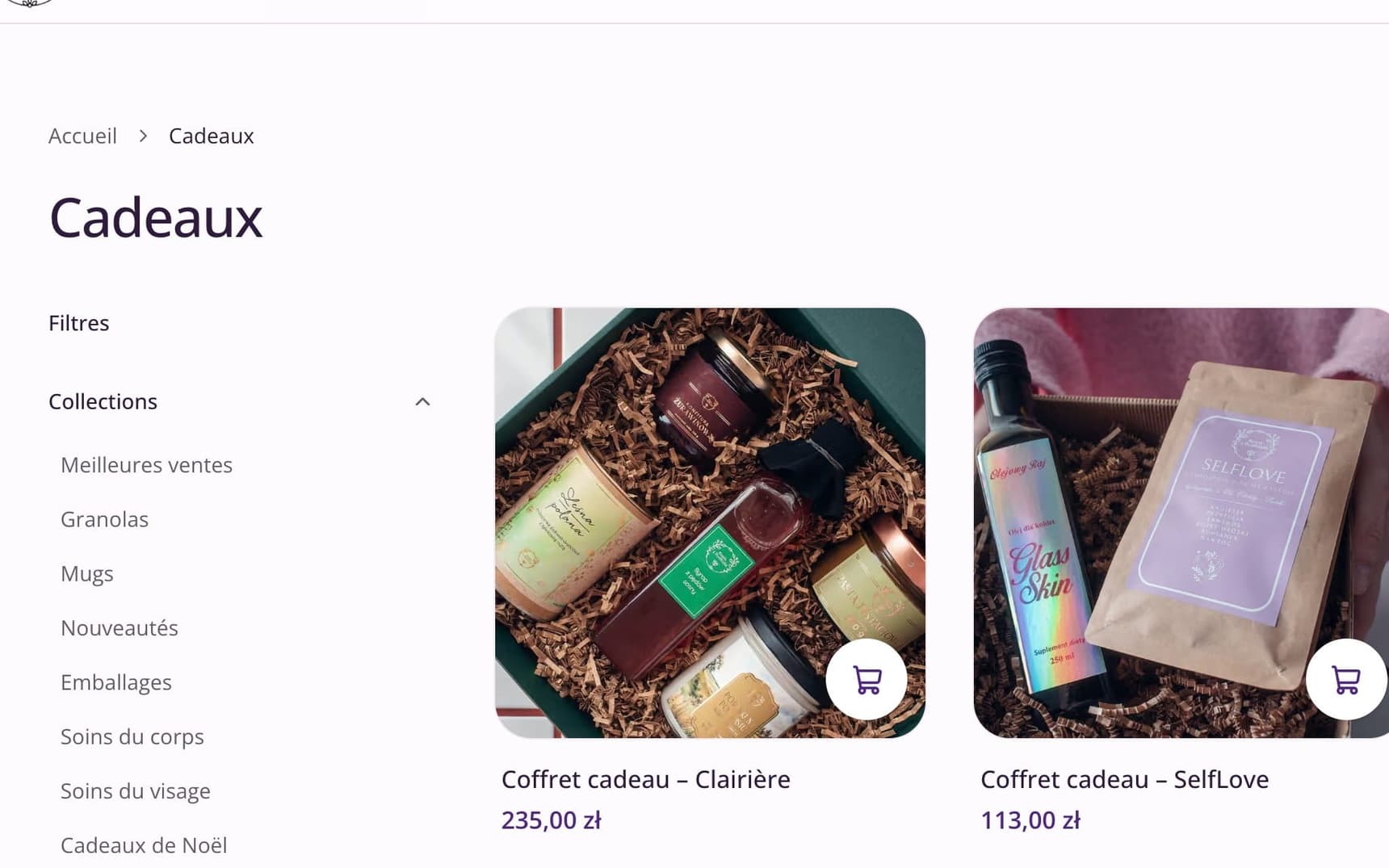 La page des coffrets cadeaux avec ses filtres