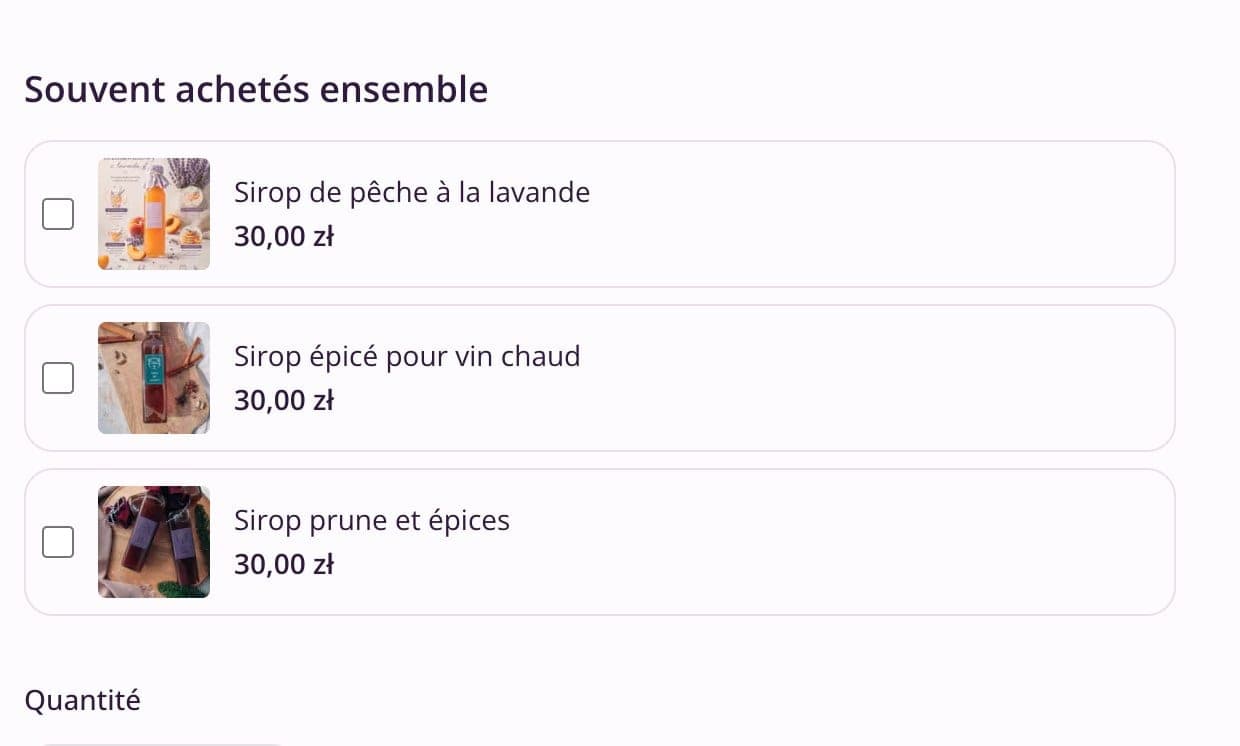 Produits assortis avec cases à cocher sur une fiche produit