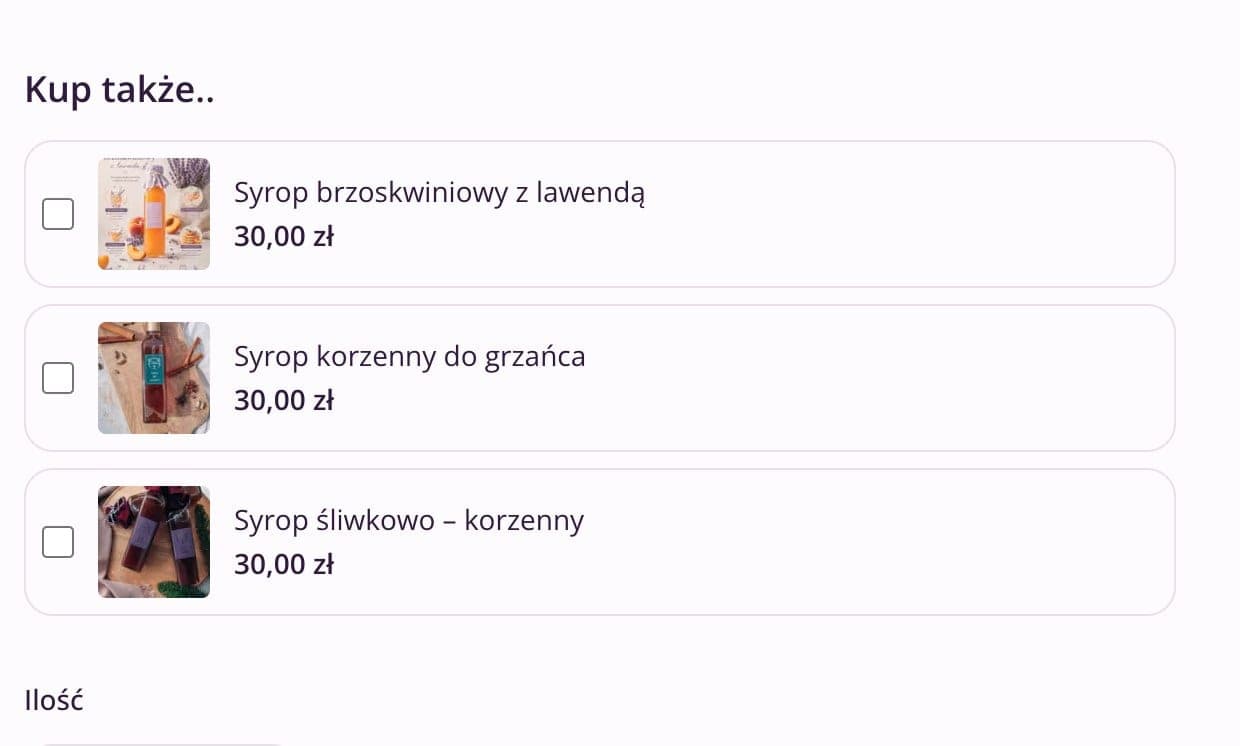 Pasujące produkty z polami wyboru na stronie produktu