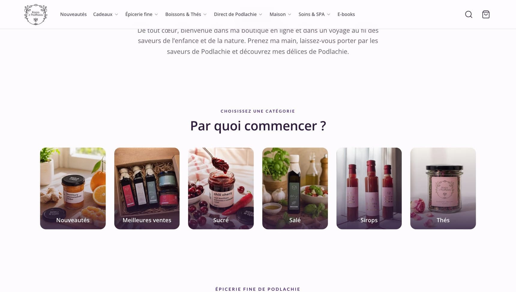 La page boutique de Kasia z Podlasia avec des vignettes de catégories, sur ordinateur