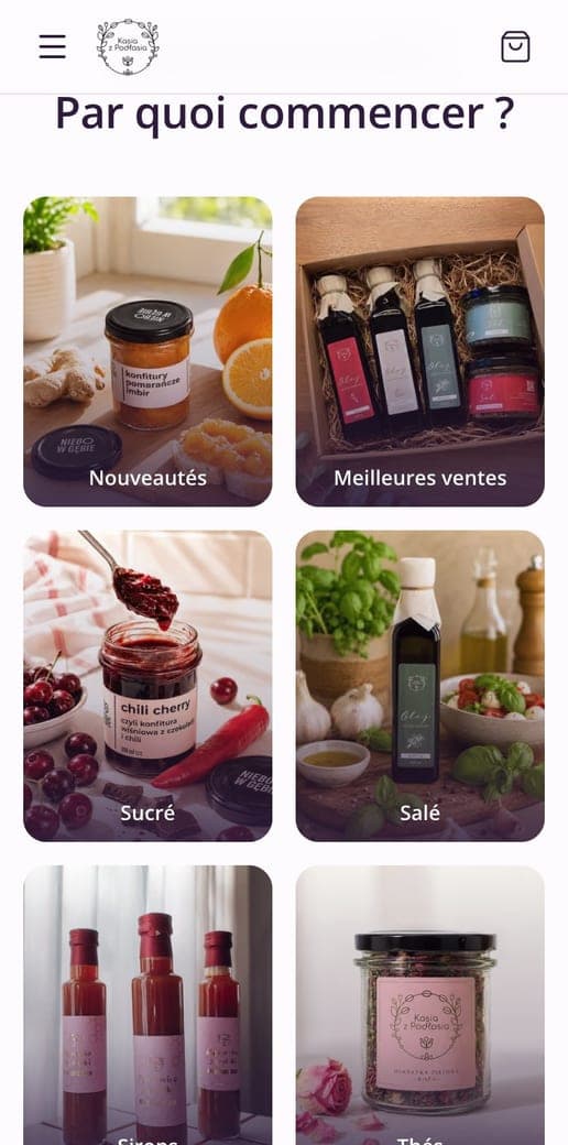 Vignettes de catégories et meilleures ventes sur mobile