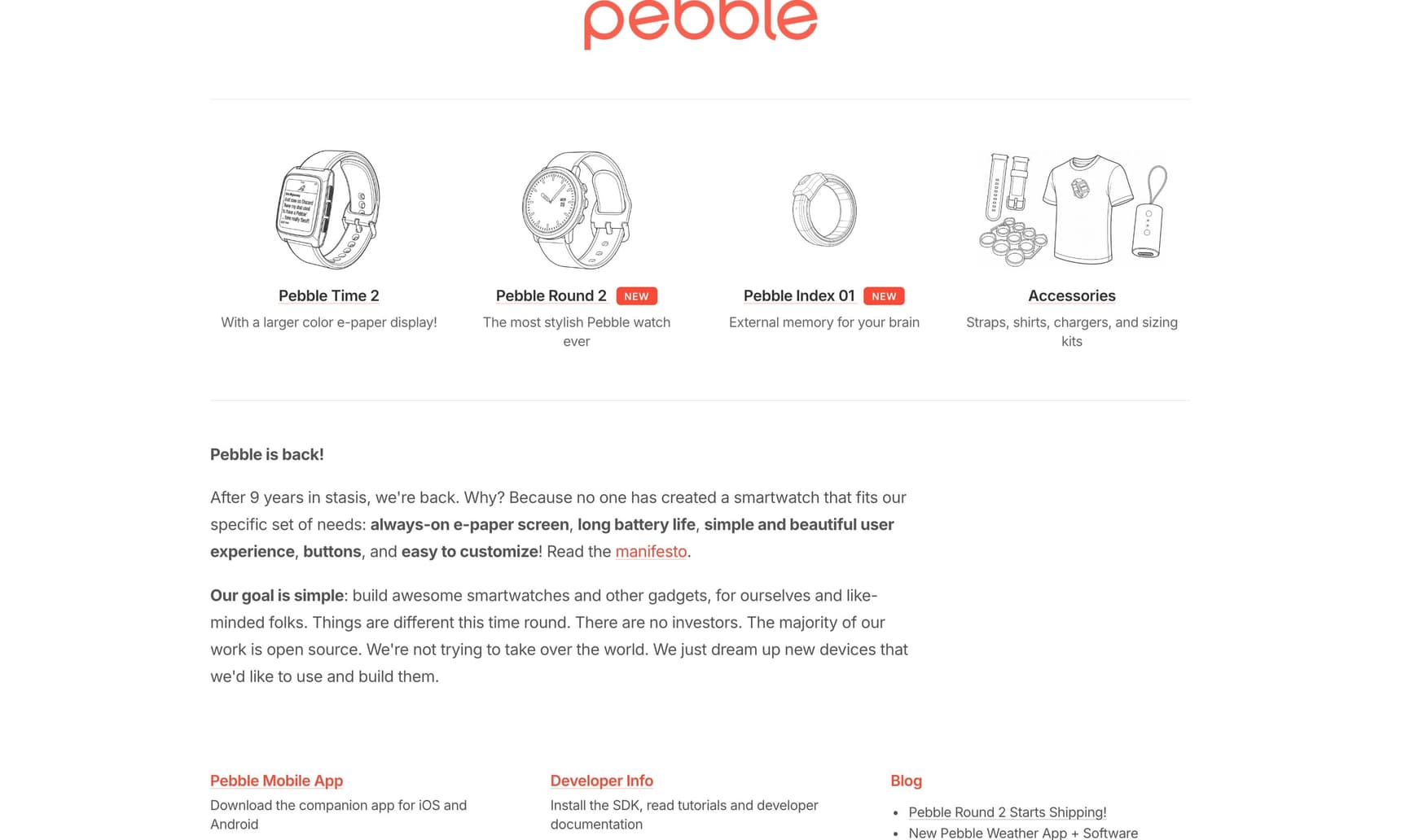 Line drawings of Pebble Time 2, Round 2, Index 01 and accessories on the home page