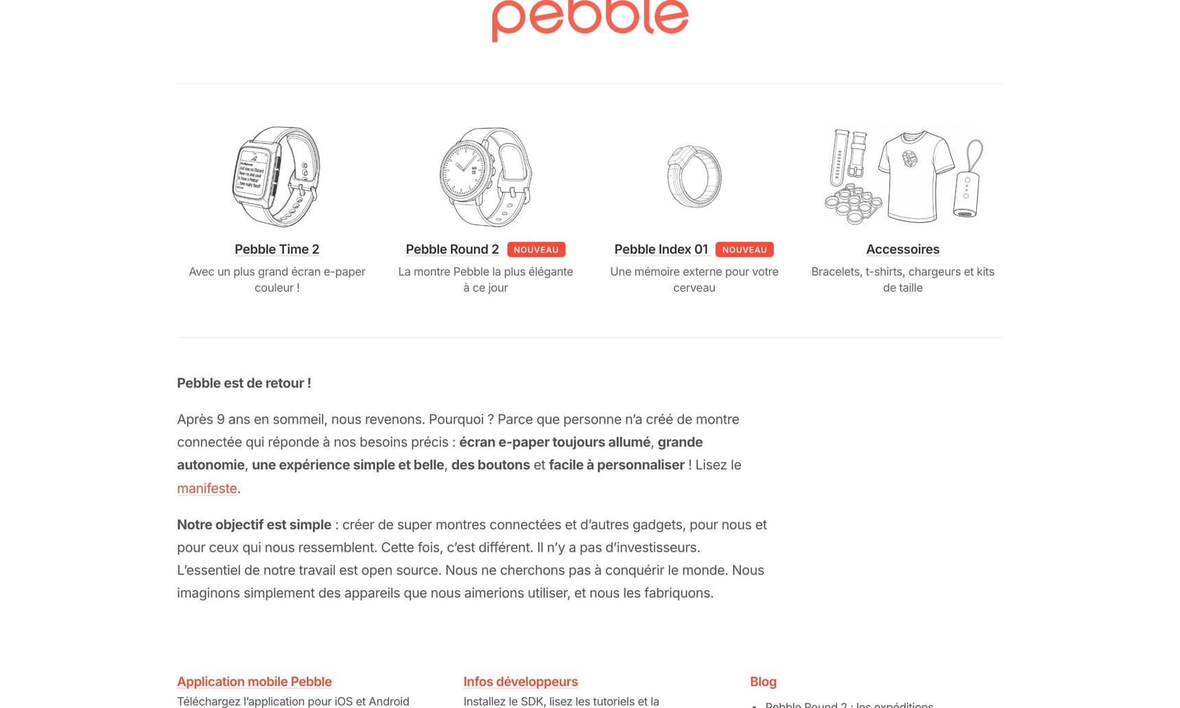 Dessins de Pebble Time 2, Round 2, Index 01 et des accessoires sur l’accueil