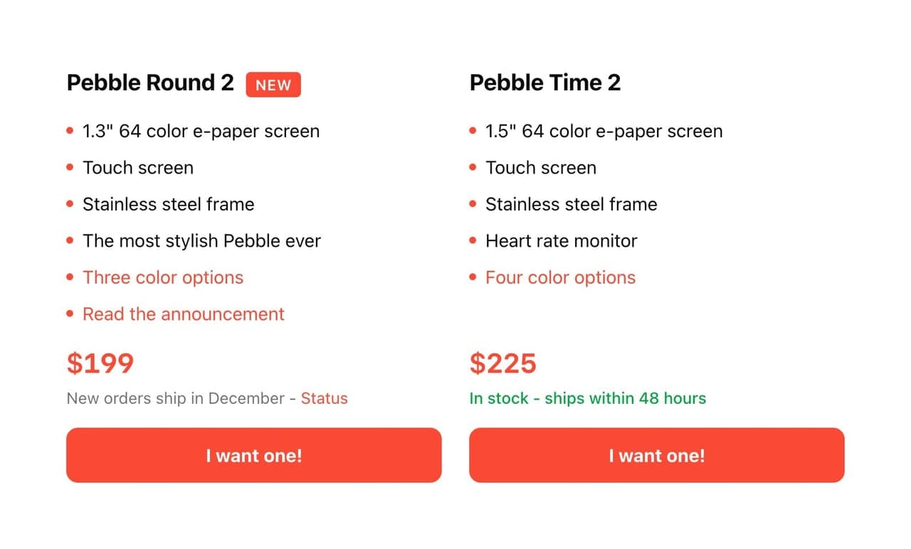 Pebble Round 2 at $199 and Pebble Time 2 at $225, with ship dates and order buttons